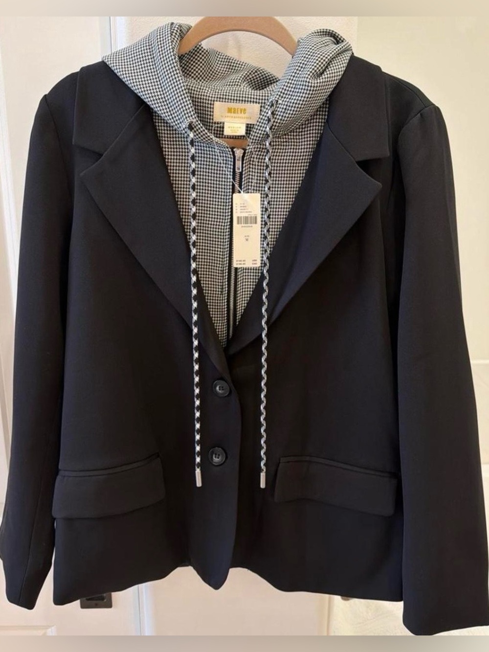NWT Anthropology Maeve Black Blazer with Houndstooth Hooded Insert